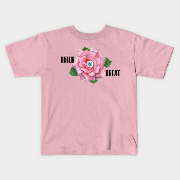 Spooky pink rose treat or treat (pink background) Kids T-Shirt by Meakm